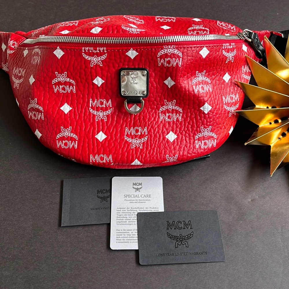 Mcm red large monogram vistetos fursten belt bag